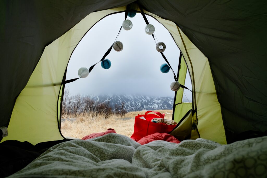 Looking out of a tent while winter camping in Iceland