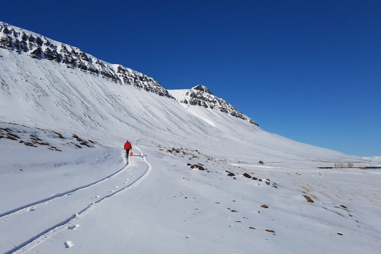 A man walking in the snow with a shovel