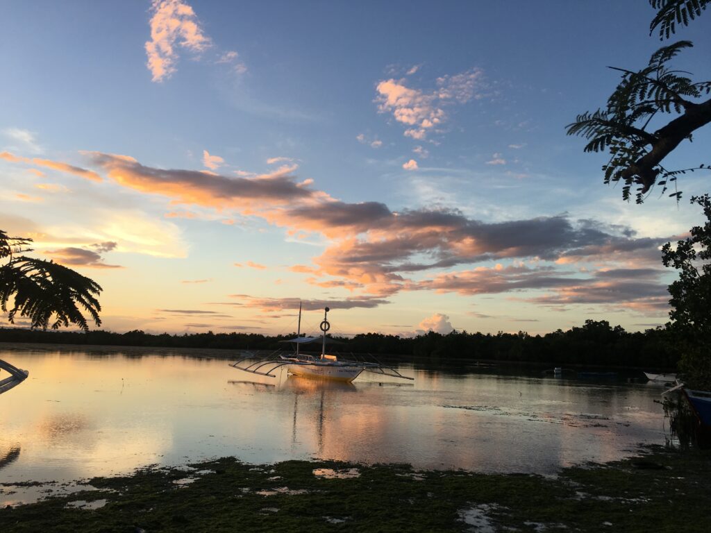 Sunset over the tropical ocean with palm trees and a boat