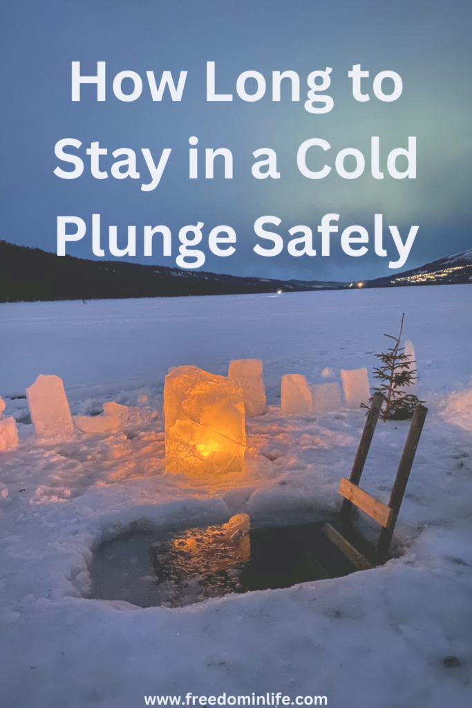 A cold plunge in a frozen lake with ice blocks and cozy lights